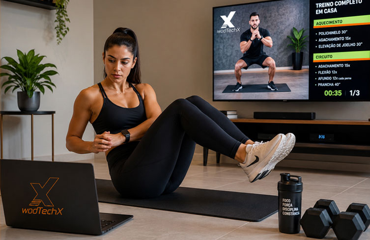 Pessoa treinando em casa com app WODTECHX no notebook e na TV